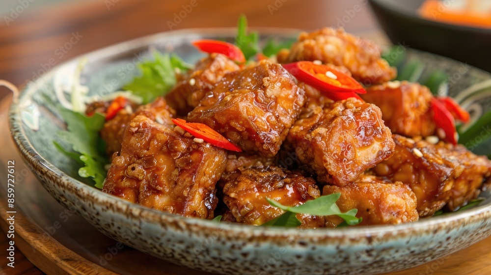 Delicious fried tempeh dish served warm on a plate on a chilly morning Delicious fried tempeh dish served warm on a plate on a chilly morning