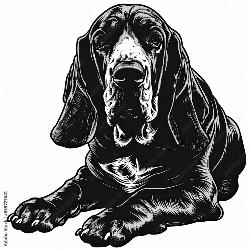 A black and white drawing of a Basset Hound dog A black and white drawing of a Basset Hound dog