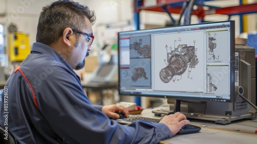 This image captures an engineer diligently working on computer-aided design (CAD) drawings of a mechanical part, showcasing technical skills and modern engineering processes.