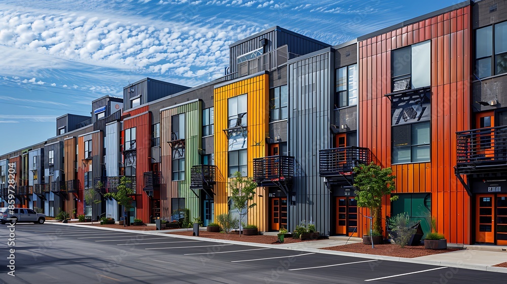Obraz premium urban renewal project featuring a series of old warehouses converted into loft apartments, each with a unique fa? section ade of colorful fiber cement siding