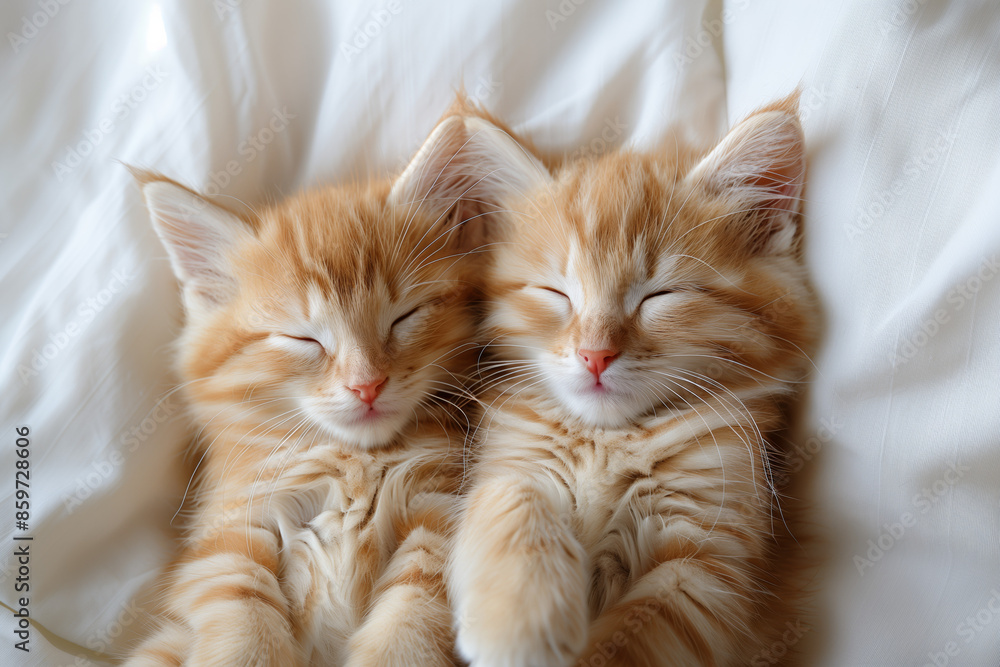 an aerial view cute minimalist professional photo of two cute kittens sleeping together, white background, copy space for product an aerial view cute minimalist professional photo of two cute kittens sleeping together, white background, copy space for product