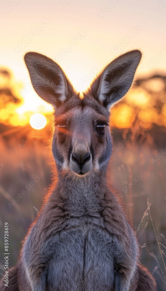Fototapeta premium A razor-sharp photo capturing a kangaroo standing gracefully in an open field bathed