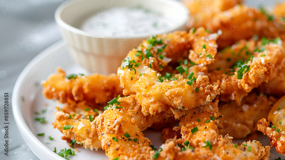 A plate of crispy fast food clam strips with a side of tartar sauce A plate of crispy fast food clam strips with a side of tartar sauce