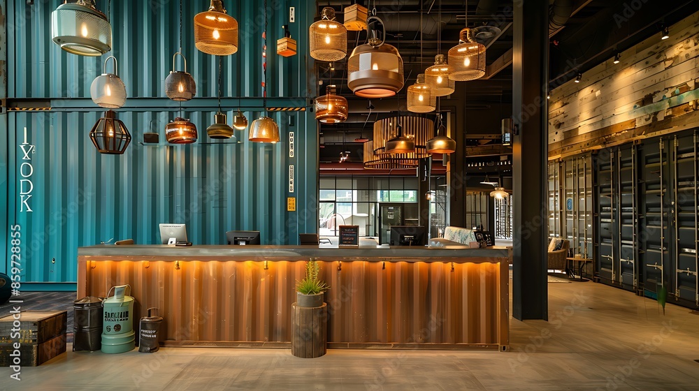 boutique hotel lobby with a reception desk made from upcycled shipping containers, pendant lights made from repurposed industrial parts, and decorative accents created from recycled materials boutique hotel lobby with a reception desk made from upcycled shipping containers, pendant lights made from repurposed industrial parts, and decorative accents created from recycled materials