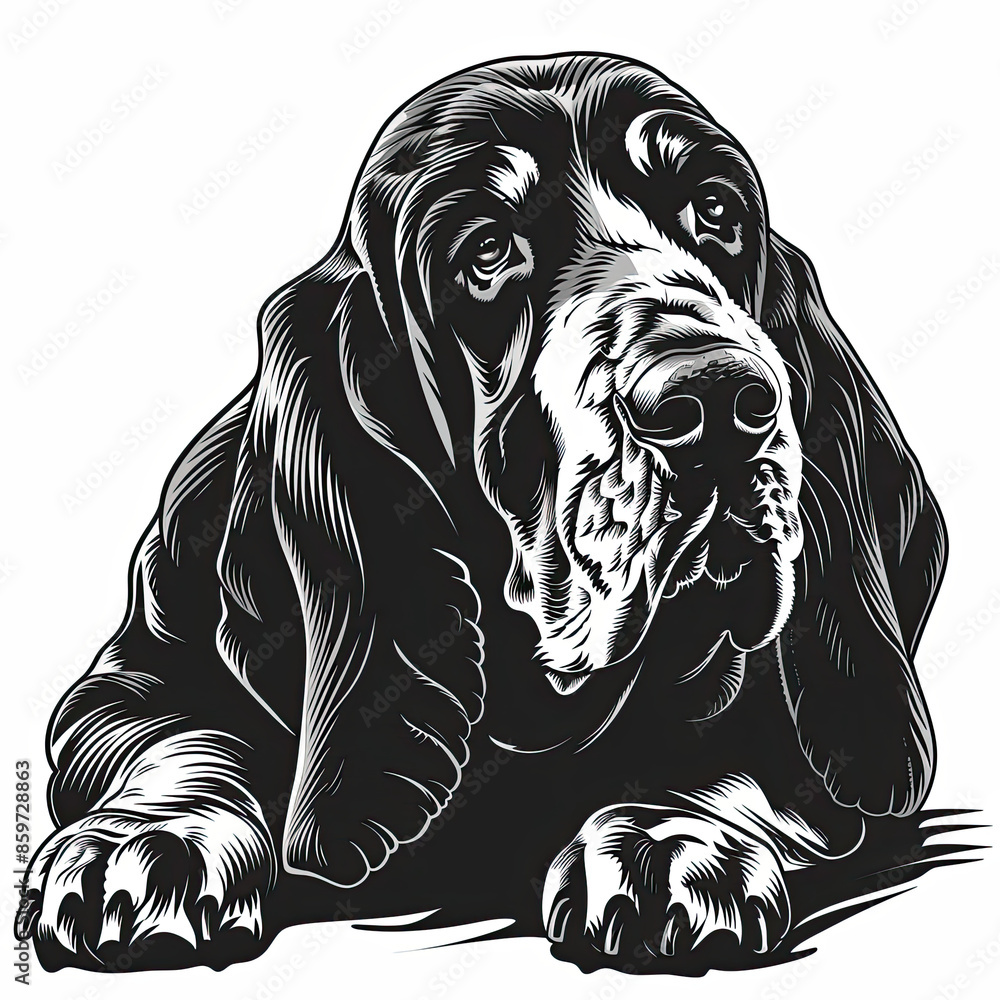 A black and white drawing of a Basset Hound dog A black and white drawing of a Basset Hound dog