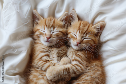 an aerial view cute minimalist professional photo of two cute kittens sleeping together, white background, copy space for product © AISTEL