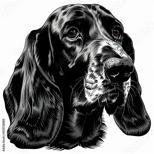 A black and white drawing of a Basset Hound dog photo