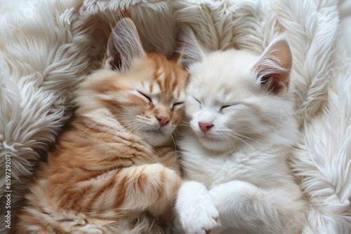 an aerial view cute minimalist professional photo of two cute kittens sleeping together, white background, copy space for product © AISTEL