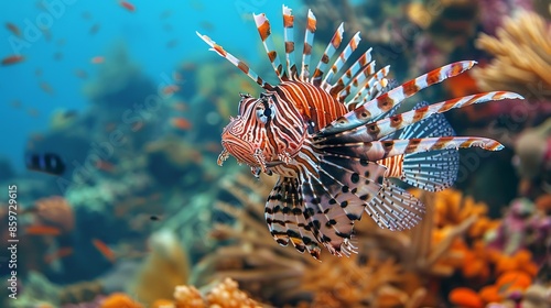A lionfish showcases its stunning stripes and fins amidst a vibrant coral reef underwater © Oskar