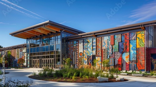 community arts center featuring a mosaic of recycled fiber cement siding pieces, highlighting community involvement and sustainable building practices