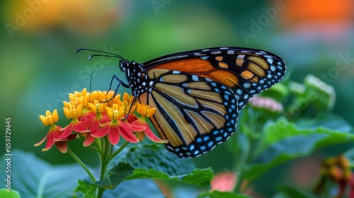 A vibrant Monarch butterfly rests on a flower with its detailed wings spread, amidst a bokeh of garden colors