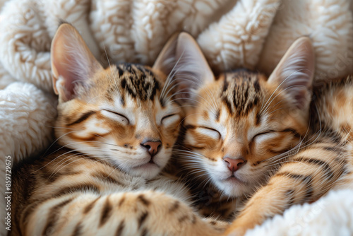 an aerial view cute minimalist professional photo of two cute kittens sleeping together, white background, copy space for product