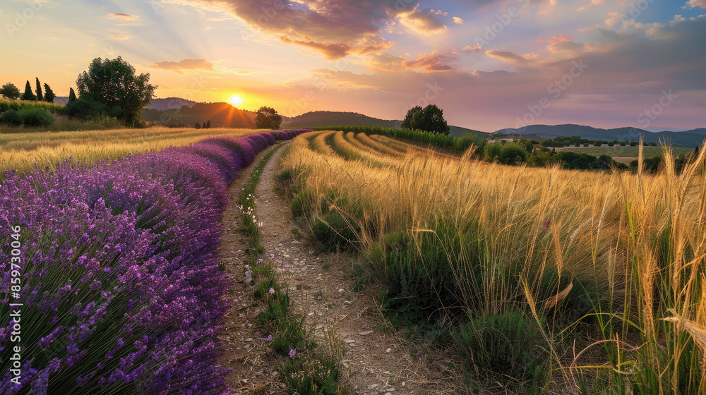 Obraz premium A dirt path runs between blooming lavender and golden wheat fields under a sunset sky with scattered clouds and distant hills in the background.