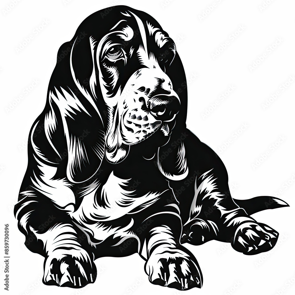 A black and white drawing of a Basset Hound dog A black and white drawing of a Basset Hound dog