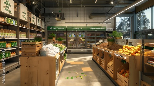 community co-op grocery store with bulk dispensers for reducing packaging waste, shelves made from recycled wood, and a compost area for community use photo