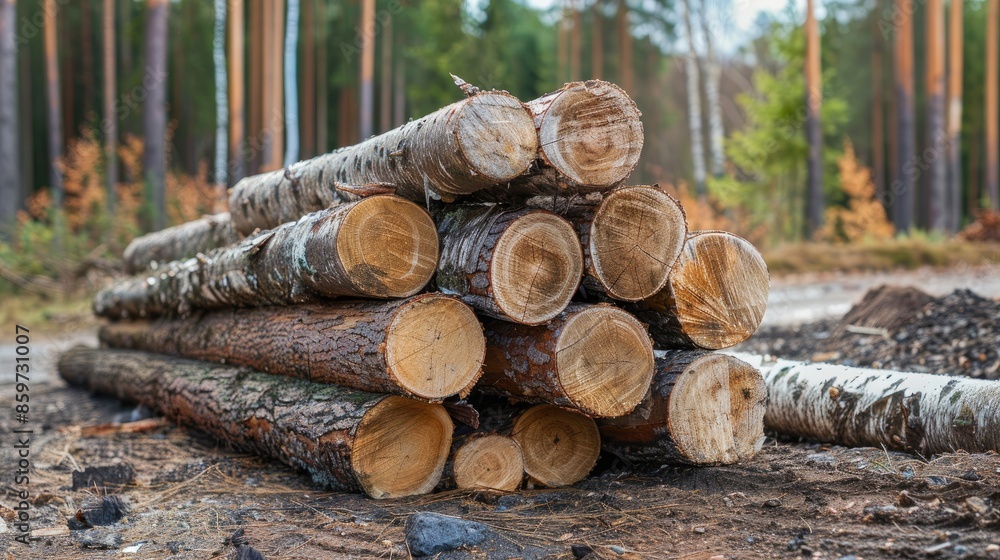 Stack of newly chopped small spruce tree logs Stack of newly chopped small spruce tree logs