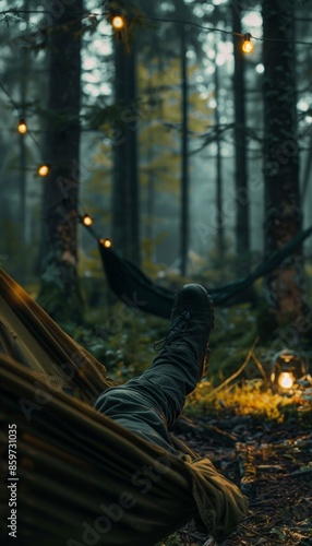 Crystal-clear image of a forest campsite, showcasing a relaxed moment with a leg hanging casually © markusmiller