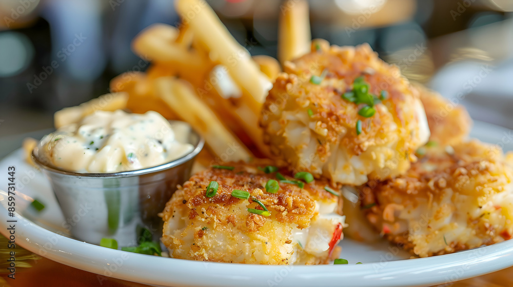A plate of golden fast food crab cakes with a side of tartar sauce A plate of golden fast food crab cakes with a side of tartar sauce