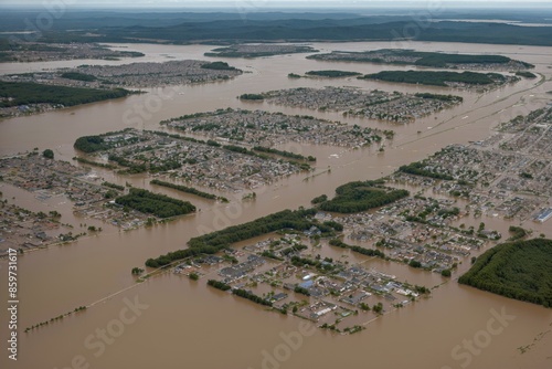 Floodwaters inundating a coastal town