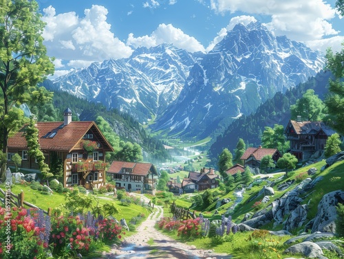 Picturesque Bavarian Village: Charming Alpine Architecture and Scenic Mountain Views