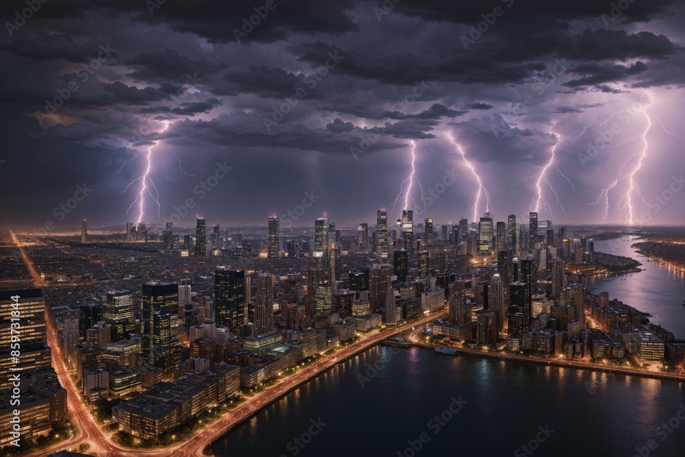Fototapeta premium Intense lightning storm over a cityscape