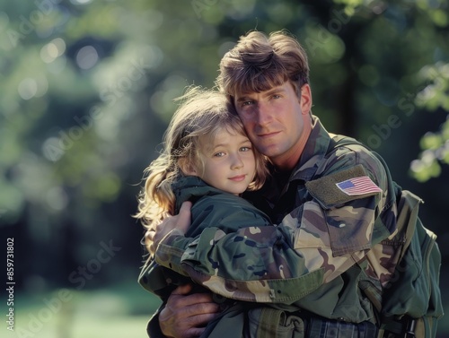 Medium shot of Photo of male in a military uniform hugging his daughter, with a blurred background of outdoors during daytime, themed background