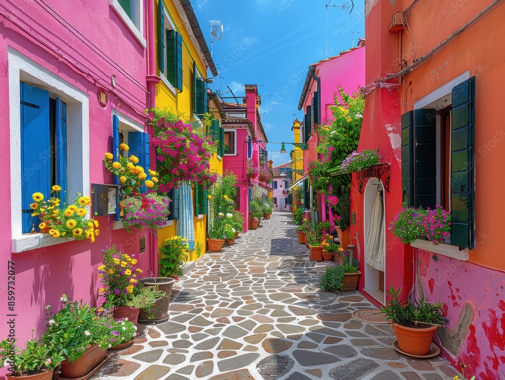Naklejka premium Vibrant Colors of Burano Island: Charming Houses in Venice, Italy