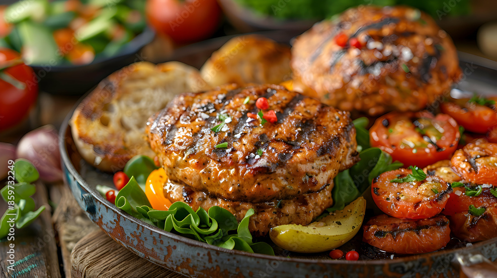 A plate of turkey burgers with a variety of toppings A plate of turkey burgers with a variety of toppings