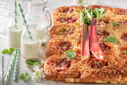 Tasty and fresh rhubarb butter cake with crumble and glaze.