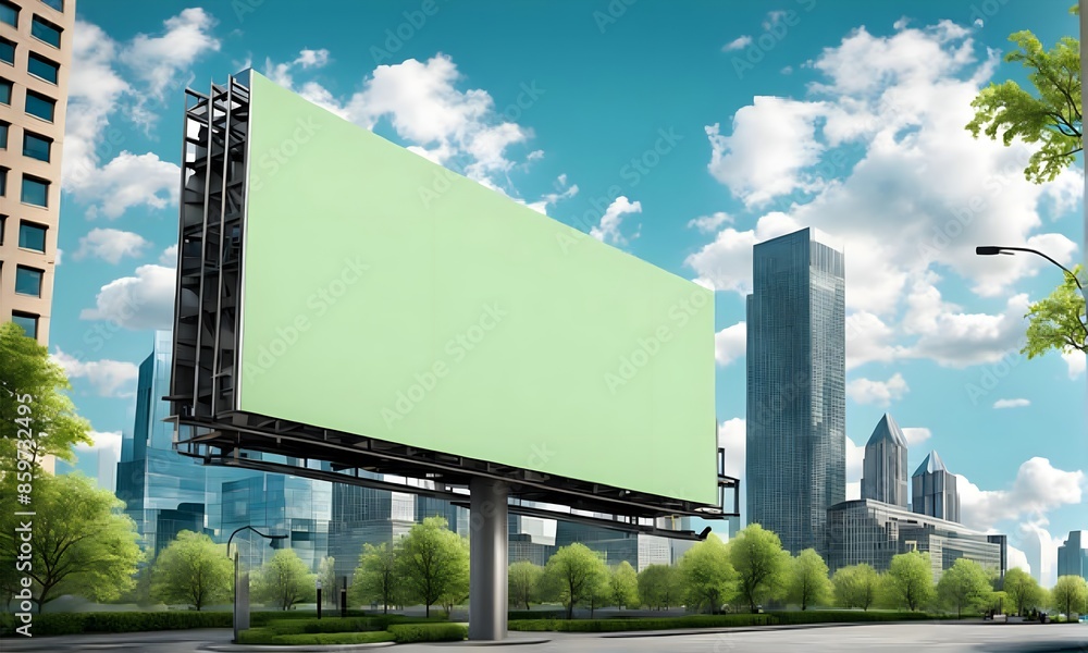 A captivating urban cityscape featuring a large, vibrant green billboard prominently displayed in the foreground A captivating urban cityscape featuring a large, vibrant green billboard prominently displayed in the foreground