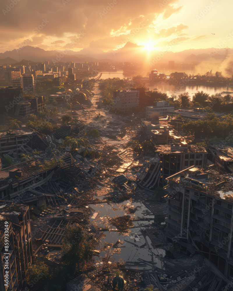 Apocalyptic Cityscape at Sunset Urban Ruins Amidst Nature, Symbolizing Destruction and Hope in a Dystopian Future with a Glowing Horizon and Smoky Skies Apocalyptic Cityscape at Sunset Urban Ruins Amidst Nature, Symbolizing Destruction and Hope in a Dystopian Future with a Glowing Horizon and Smoky Skies
