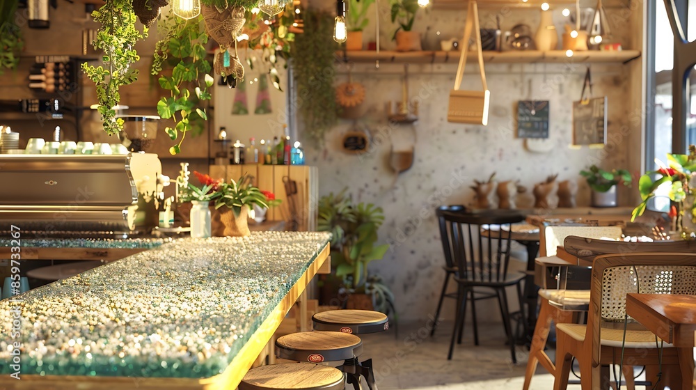 Fototapeta premium cozy caf?(C) interior with counter tops made from crushed recycled glass, chairs made from upcycled materials, and decorations including hanging plants in repurposed containers