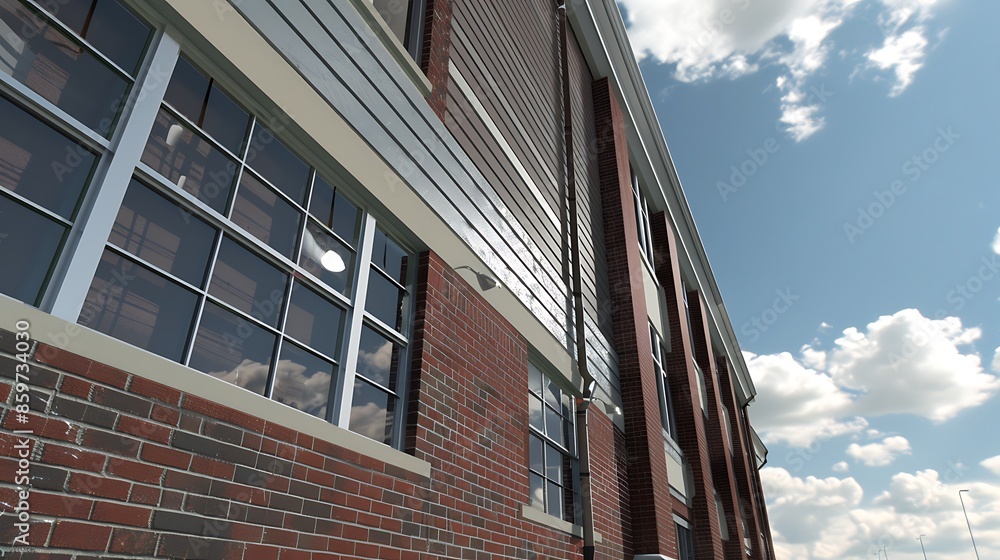 detailed architectural study of a building fa? section ade renovation from brick to fiber cement siding, illustrating the transformation in style and thermal performance