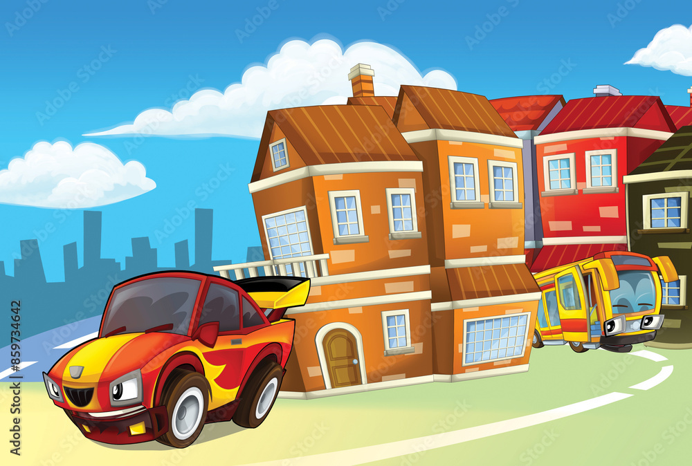 Fototapeta premium cartoon scene with public service vehicles police fire truck bus and sports car illustration for children