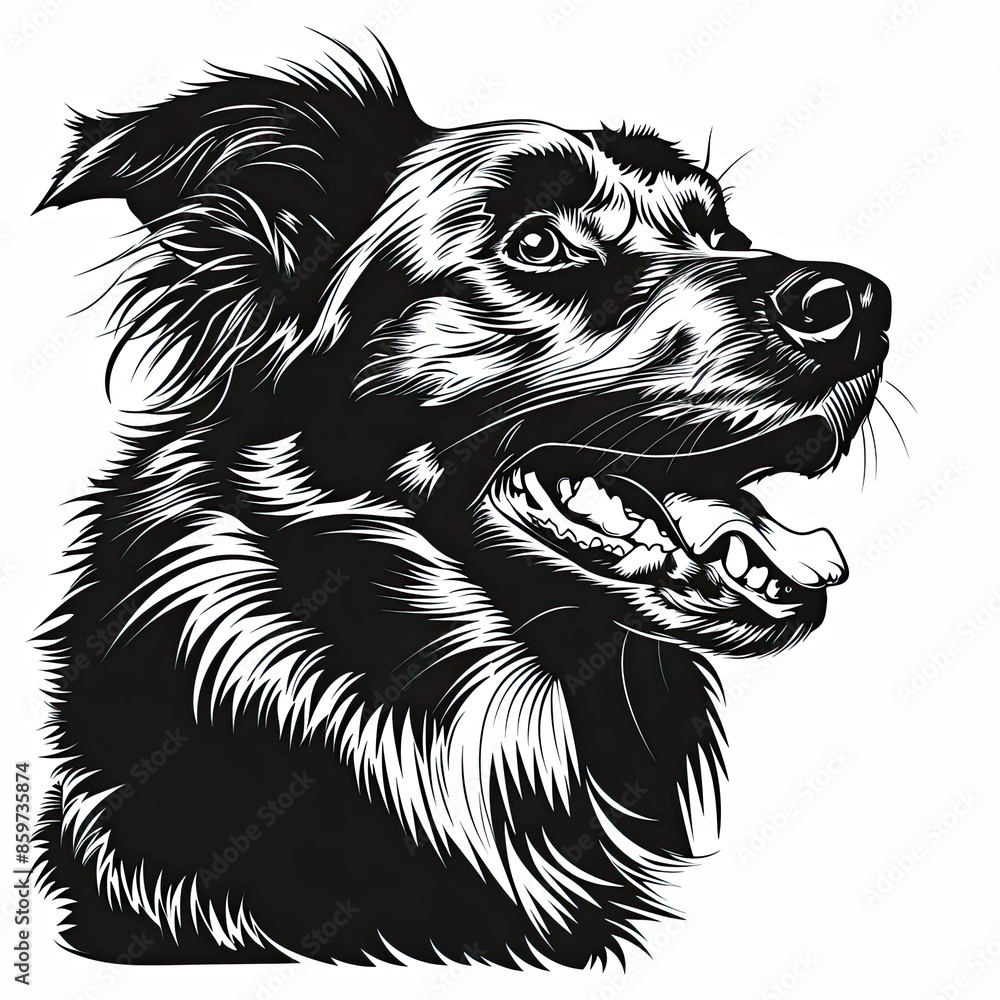 A black and white drawing of a Australian Shepherd dog A black and white drawing of a Australian Shepherd dog