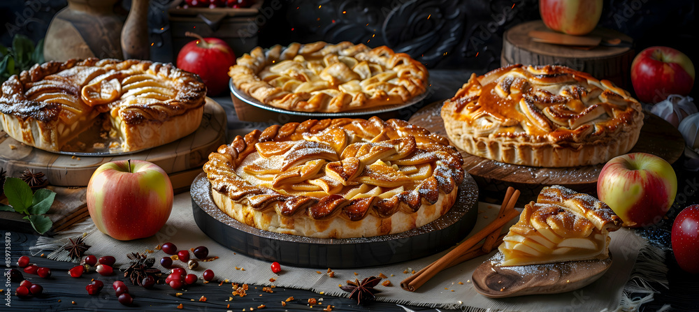 A variety of apple pies with different fillings, captured with vibrant colors and detailed textures A variety of apple pies with different fillings, captured with vibrant colors and detailed textures