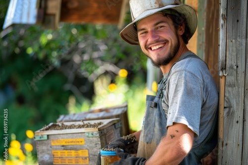 Experienced beekeeper tends hives safety attire, holding honey jar with cheerful satisfaction.