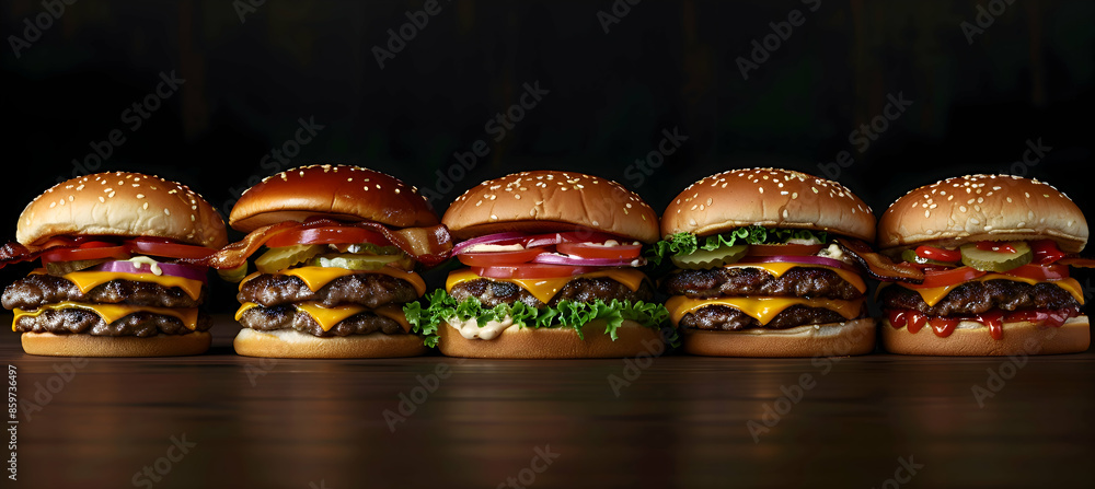 A variety of bacon cheeseburgers with different toppings, captured with vibrant colors and detailed textures A variety of bacon cheeseburgers with different toppings, captured with vibrant colors and detailed textures