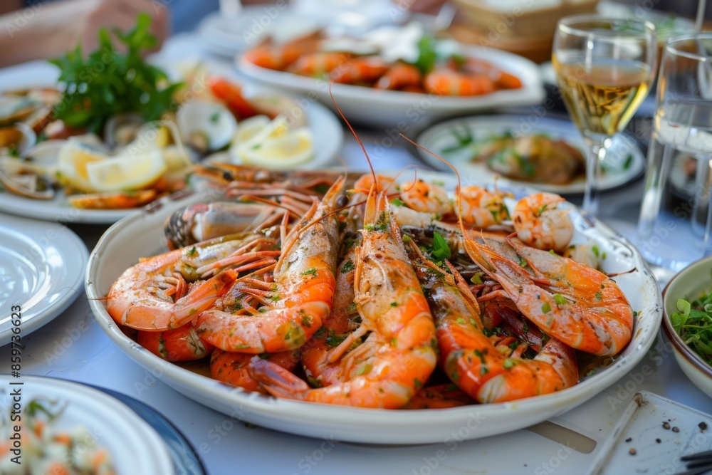 Seafood dishes, including shrimp, appetizers, and salads, set on a table in a fish restaurant Seafood dishes, including shrimp, appetizers, and salads, set on a table in a fish restaurant