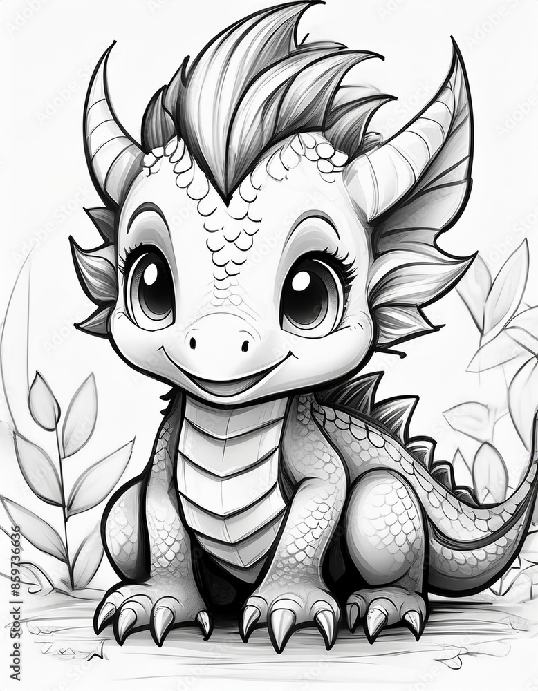 Adorable baby dragon coloring page for children Stock Photo | Adobe Stock