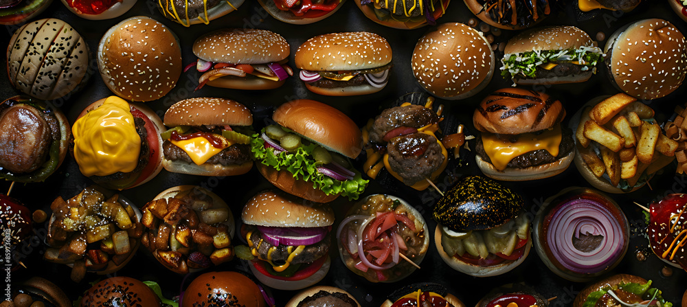 A variety of BBQ burgers with different toppings, captured with vibrant colors and detailed textures A variety of BBQ burgers with different toppings, captured with vibrant colors and detailed textures