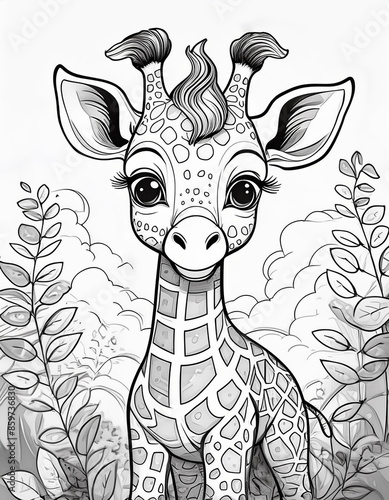 Children's coloring book page of a cute baby giraffe photo