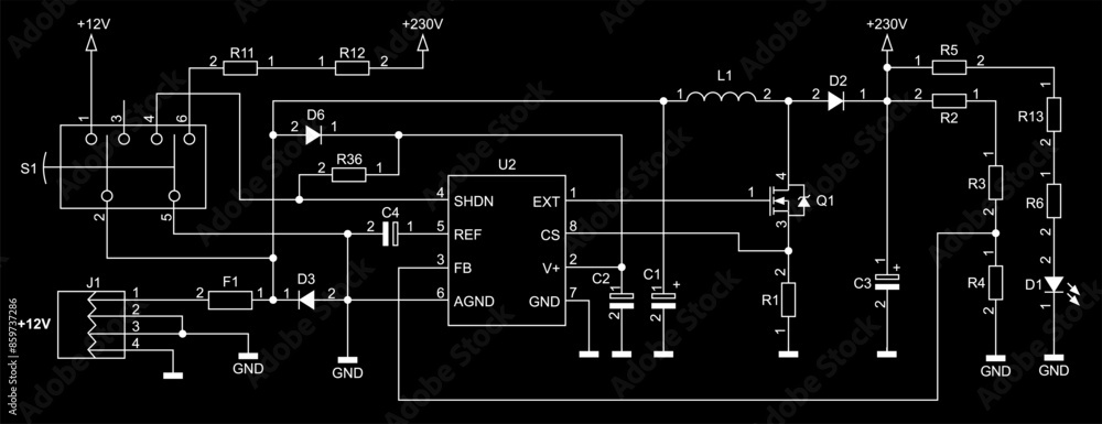 Fototapeta premium Schematic diagram of electronic device on sheet of paper. Vector drawing electrical circuit with usb connector, resistor, integrated circuit, capacitor, led, diode, coil, other components.