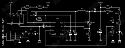 Schematic diagram of electronic device on sheet of paper. Vector drawing electrical circuit with usb connector,
resistor, integrated circuit, capacitor, led,
diode, coil, other components.