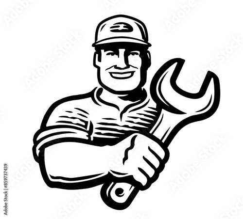 Builder worker with wrench, tool emblem. Construction work, repair service logo. Vector illustration