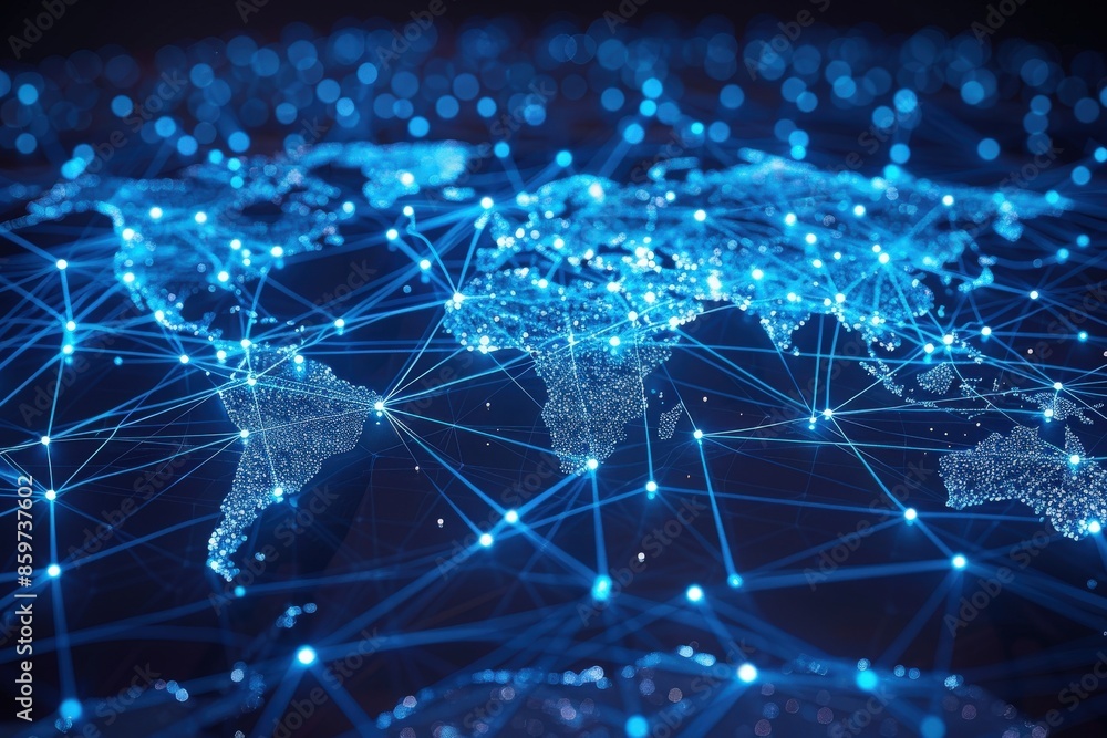 Depiction of a global network with glowing blue connections highlighting the interconnected nature of various continents, emphasizing technology and communication in the digital age. Depiction of a global network with glowing blue connections highlighting the interconnected nature of various continents, emphasizing technology and communication in the digital age.
