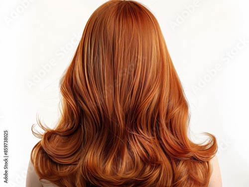 Medium shot of Realistic photograph of an extremely long hair wig, solid white background, view from the back