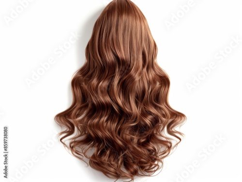Medium shot of Realistic photograph of an extremely long hair wig, solid white background, view from the back