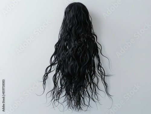 Medium shot of Realistic photograph of an extremely long hair wig, solid white background, view from the back