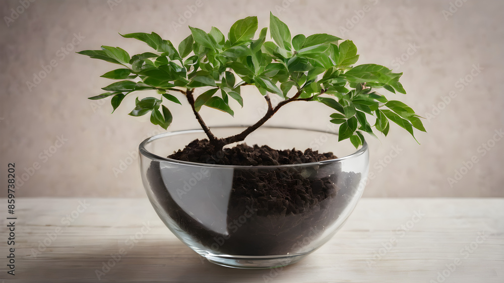 Sapling growing in a bowl with mud in it Sapling growing in a bowl with mud in it